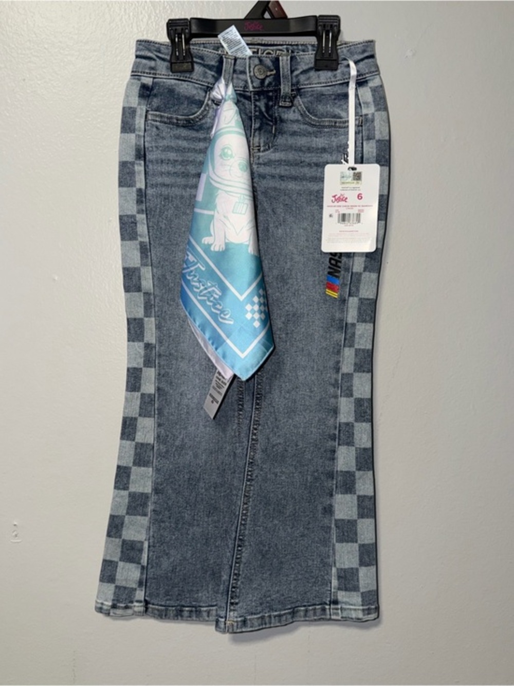 Justice Gray Checkerboard Trim Denim Skirt with Blue Accent Scarf